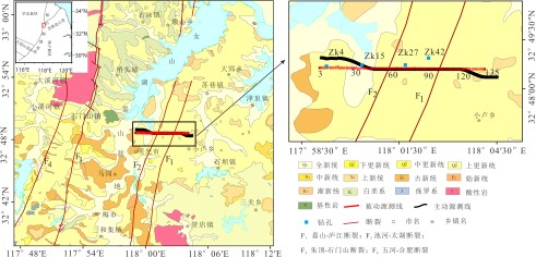 图1  研究区125万地质构造、主被动源测线和钻孔分布图.png